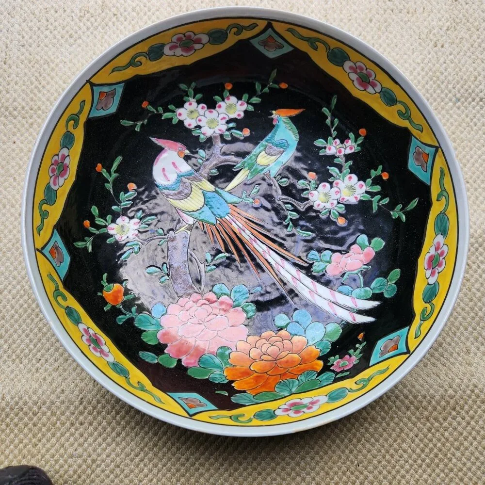 Chinese Famille Noir Porcelain Serving Bowl Birds of Paradise Flower Yellow Trim